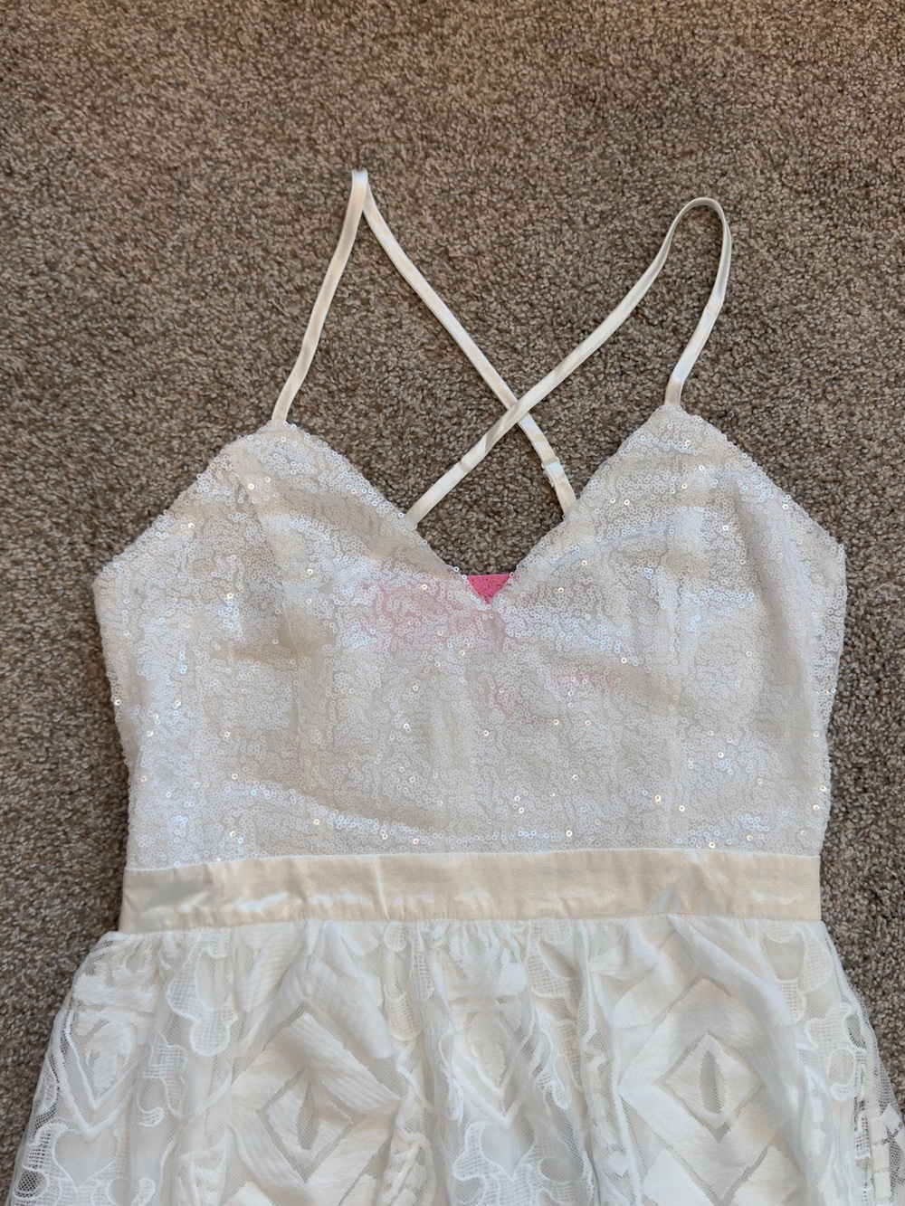 White Sequin & Lace Spaghetti Strap Dress